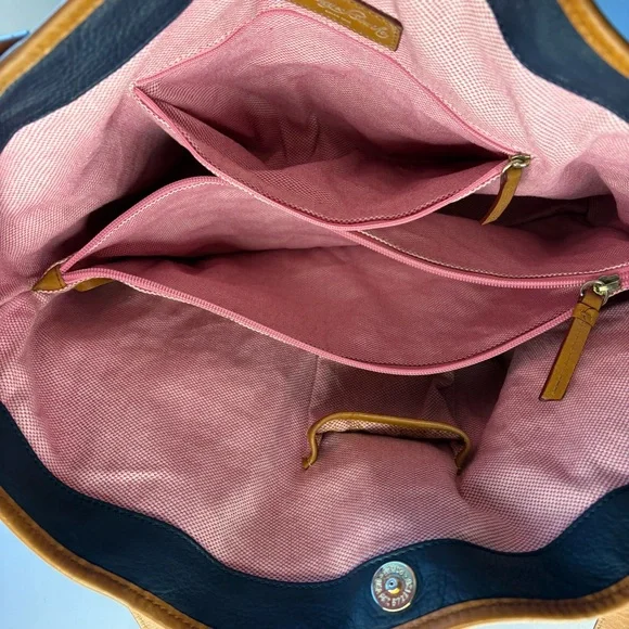 Vintage Dooney & Bourke Blue and Brown Large Leather Tote with Pink Interior - Picture 8 of 16
